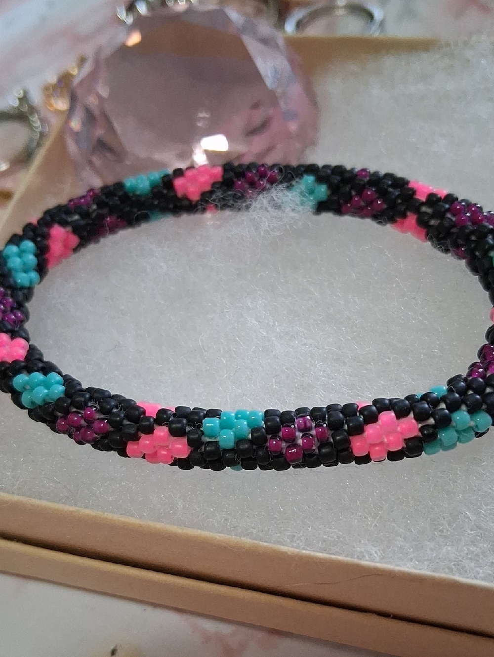 Handmade Beaded Bracelet - Black with Pink & Teal Accents